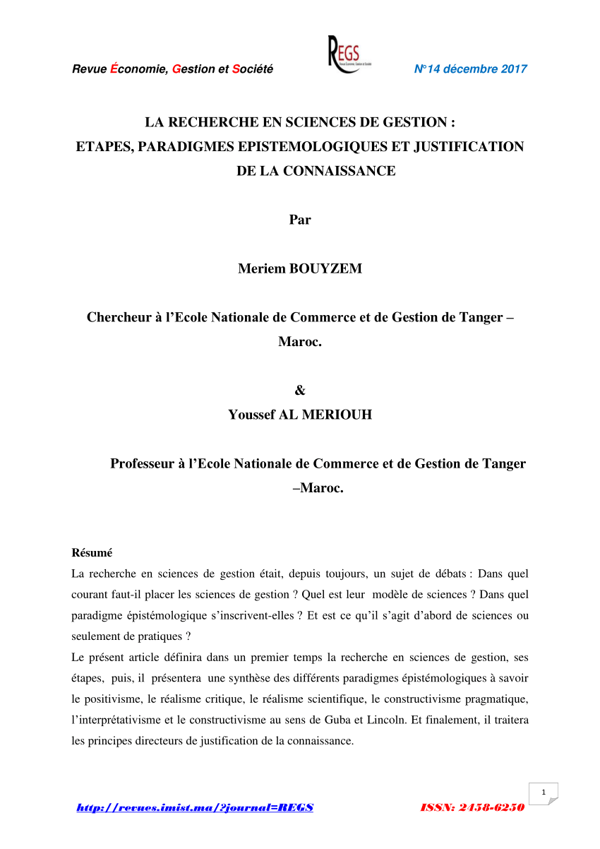 (PDF) LA RECHERCHE EN SCIENCES DE GESTION  ÉTAPES, PARADIGMES