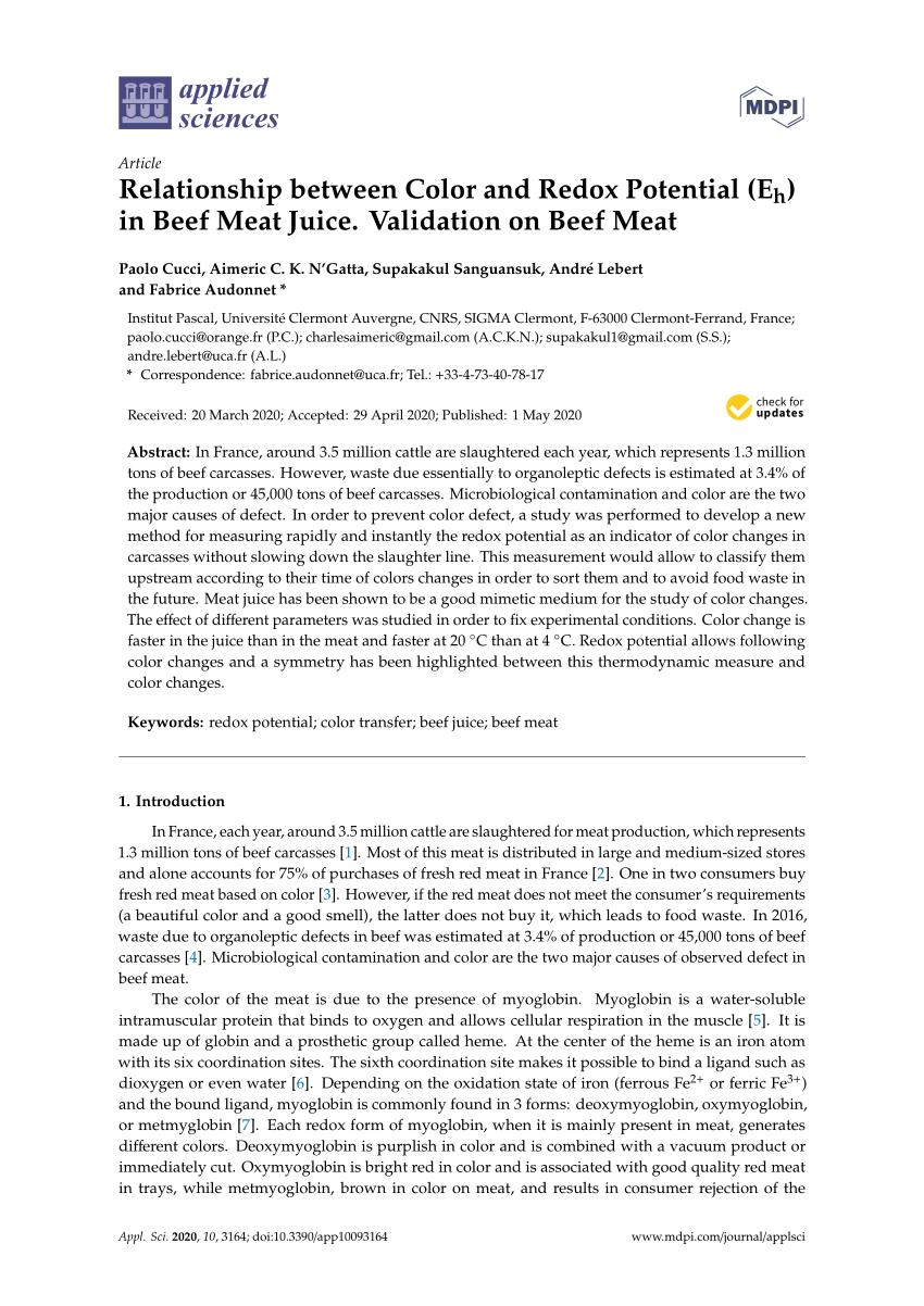 Pdf Relationship Between Color And Redox Potential Eh In Beef Meat Juice Validation On Beef Meat