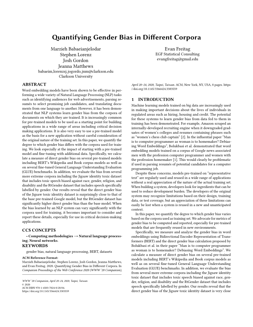 Pdf Quantifying Gender Bias In Different Corpora 5665