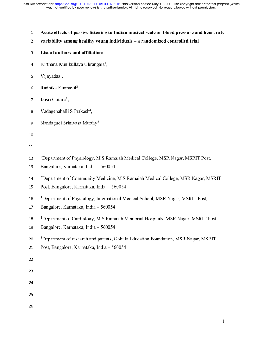 Pdf Acute Effects Of Passive Listening To Indian Musical Scale On Blood Pressure And Heart Rate Variability Among Healthy Young Individuals A Randomized Controlled Trial