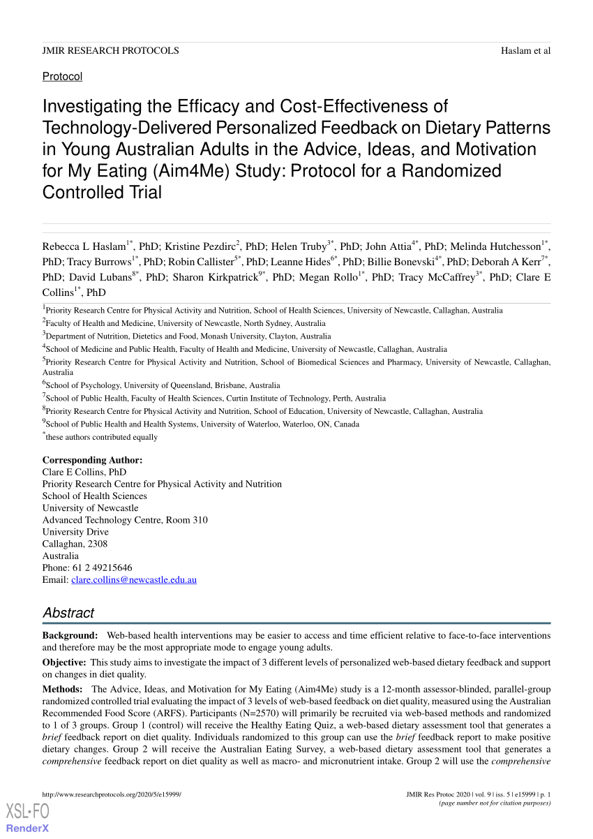 Pdf Efficacy And Cost Effectiveness Of Technology Delivered Personalized Feedback On Dietary Patterns In Young Australian Adults Advice Ideas And Motivation For My Eating Study Protocol A Randomized Controlled Trial Preprint