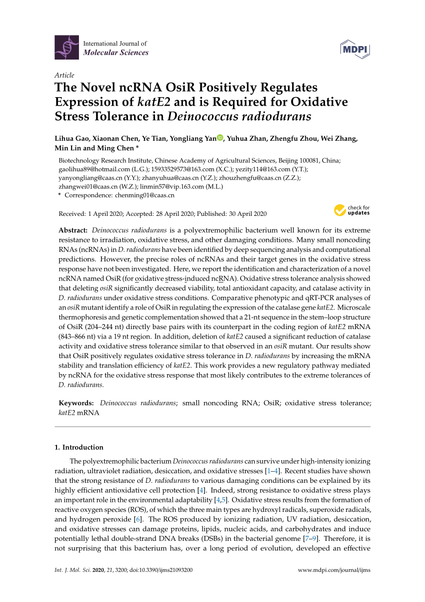 Pdf The Novel Ncrna Osir Positively Regulates Expression Of Kate2 And Is Required For Oxidative Stress Tolerance In Deinococcus Radiodurans