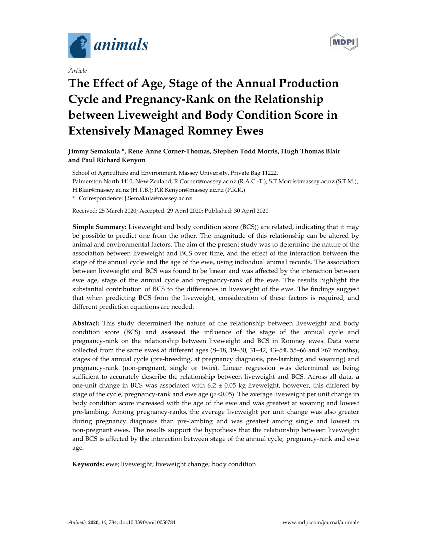 Pdf The Effect Of Age Stage Of The Annual Production Cycle And Pregnancy Rank On The Relationship Between Liveweight And Body Condition Score In Extensively Managed Romney Ewes