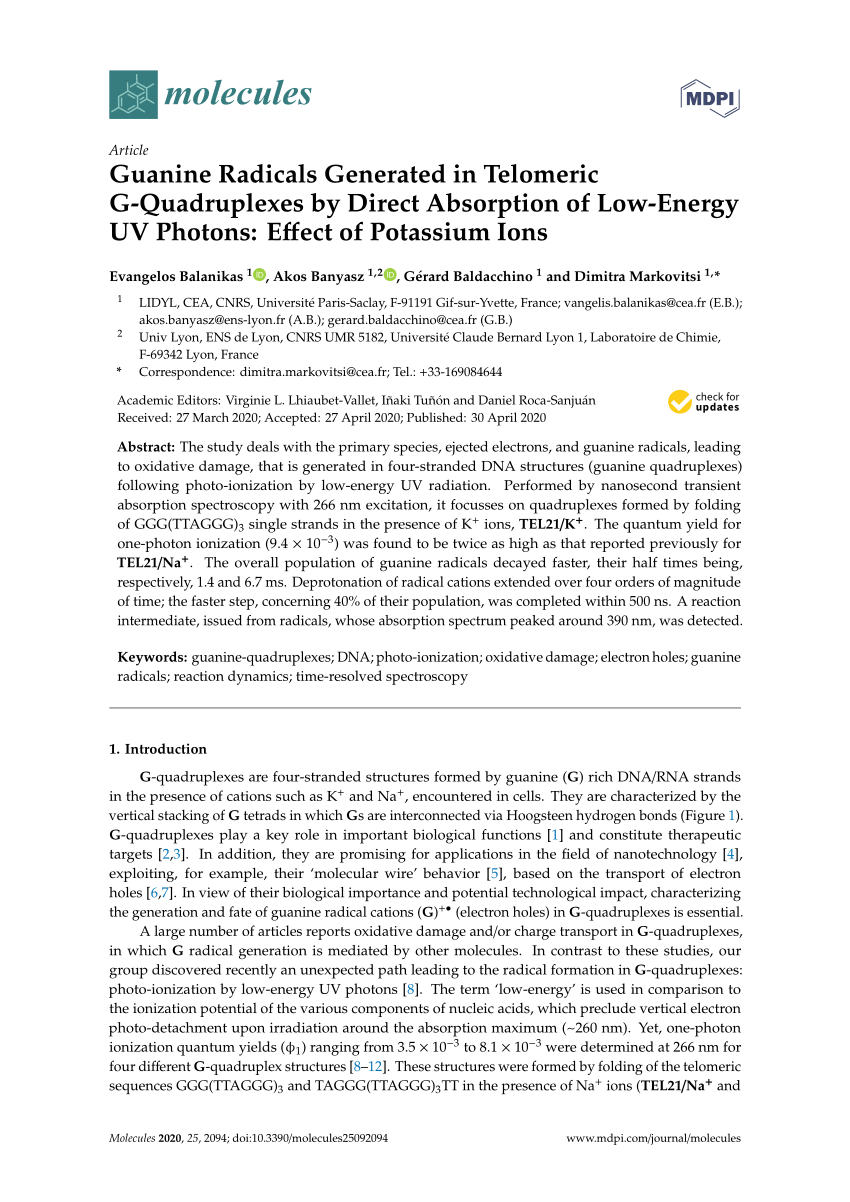 Pdf Guanine Radicals Generated In Telomeric G Quadruplexes By Direct Absorption Of Low Energy Uv Photons Effect Of Potassium Ions