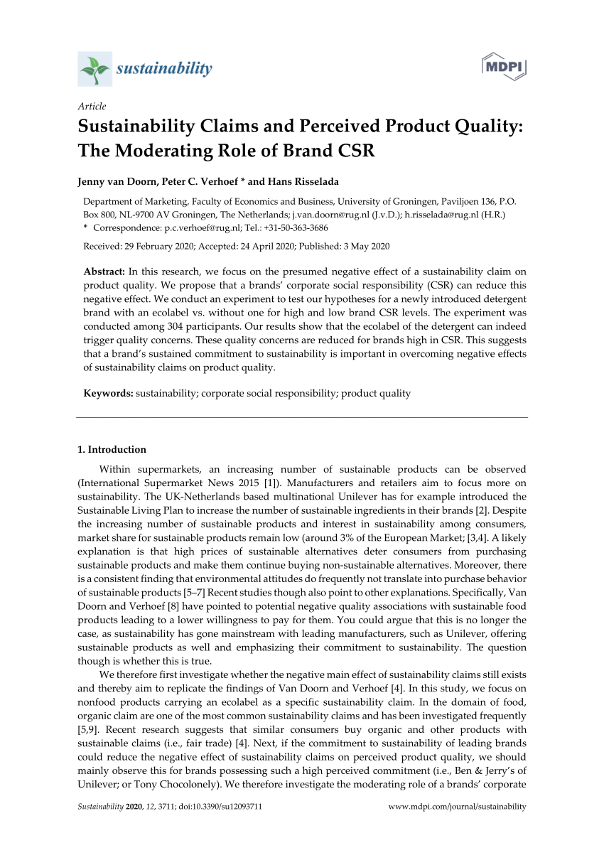 Pdf Sustainability Claims And Perceived Product Quality The Moderating Role Of Brand Csr 1562