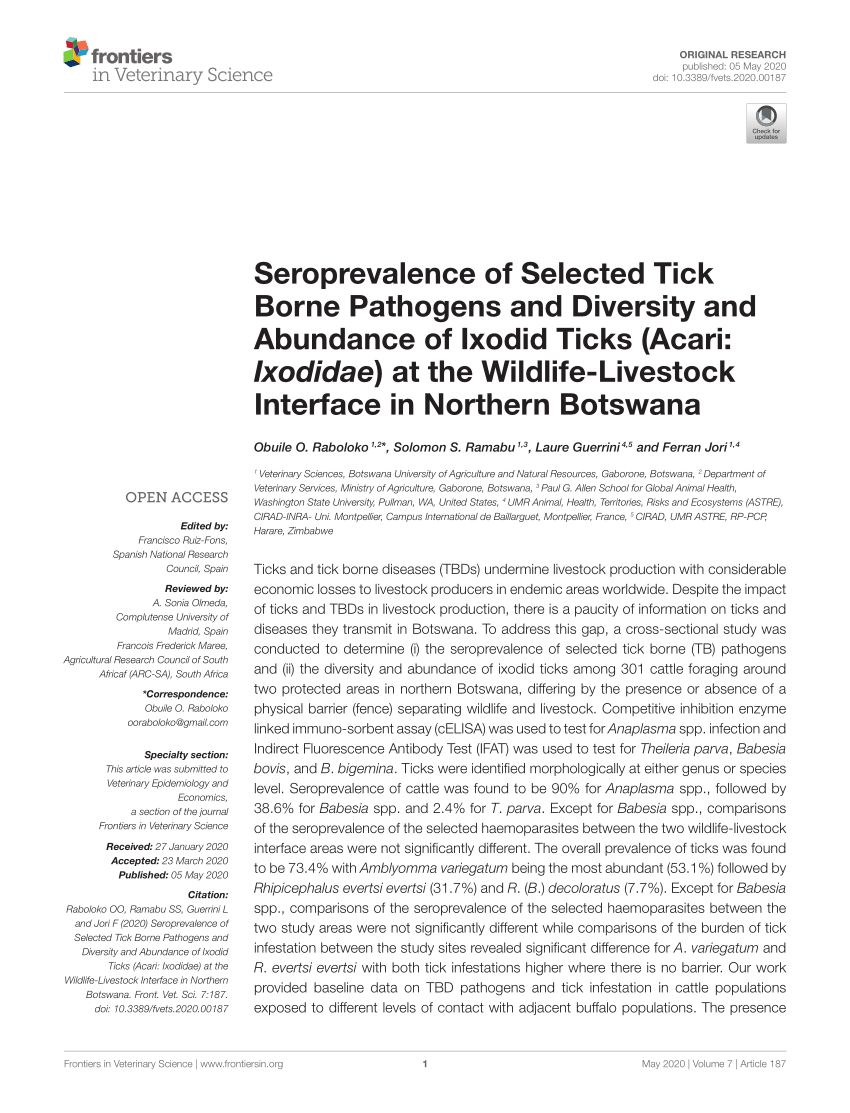 PDF) Seroprevalence of Selected Tick Borne Pathogens and Diversity ...