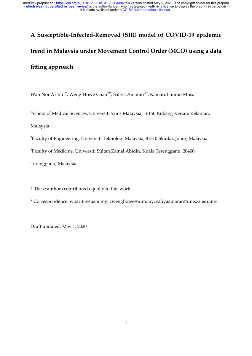 Pdf A Susceptible Infected Removed Sir Model Of Covid 19 Epidemic Trend In Malaysia Under Movement Control Order Mco Using A Data Fitting Approach