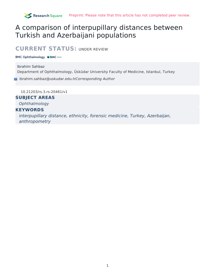 Pdf A Comparison Of Interpupillary Distances Between Turkish And Azerbaijani Populations