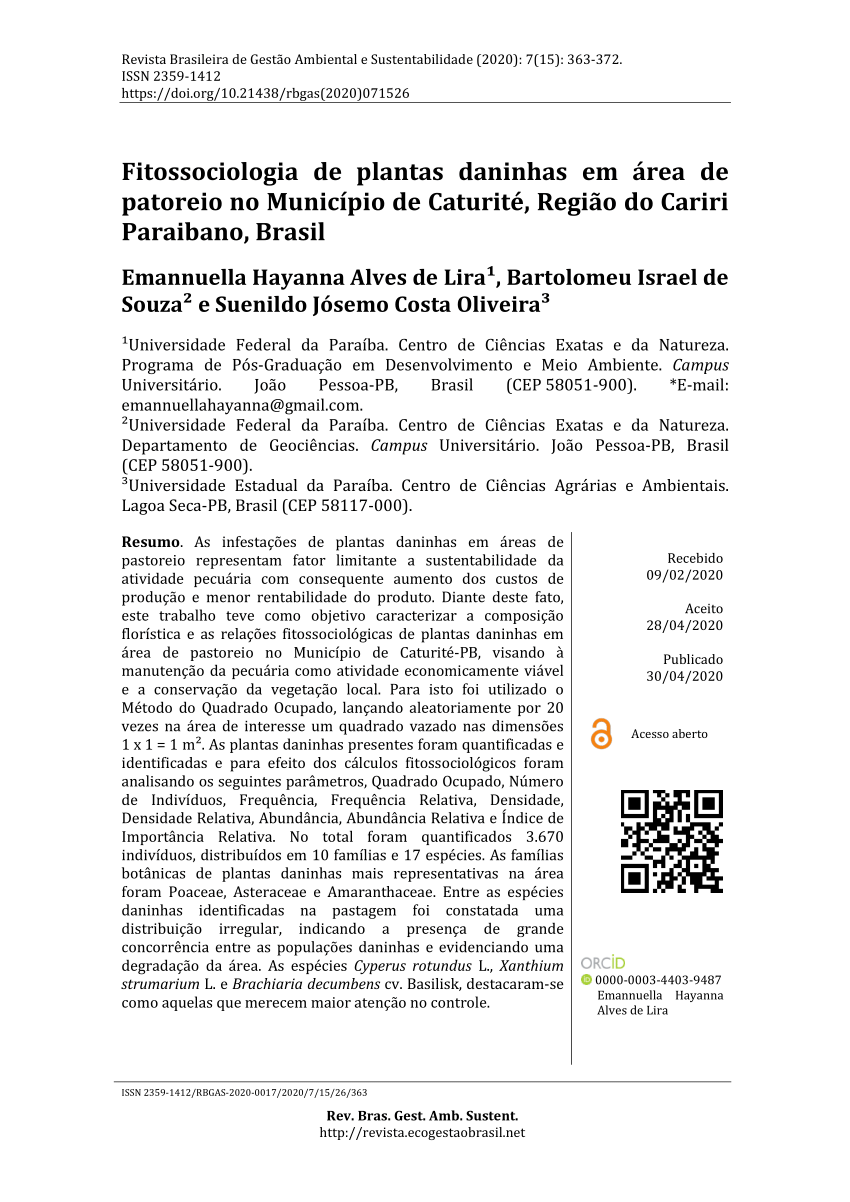 Pdf Fitossociologia De Plantas Daninhas Em área De Patoreio No Município De Caturité Região 9127