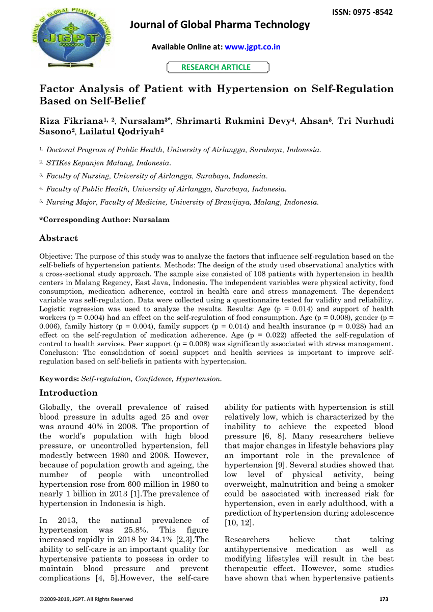 (PDF) Factor Analysis of Patient with Hypertension on Self-Regulation