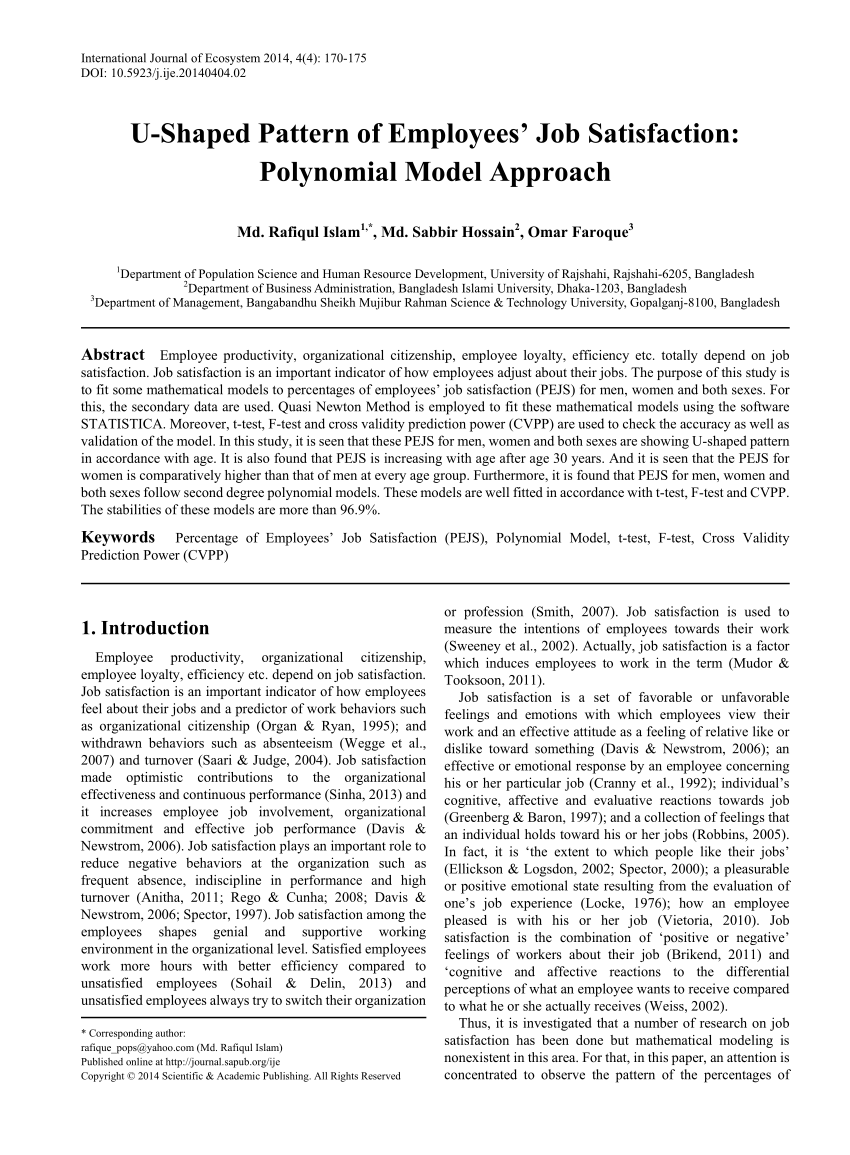 PDF) U-Shaped Pattern of Employees Job Satisfaction Polynomial Model Approach