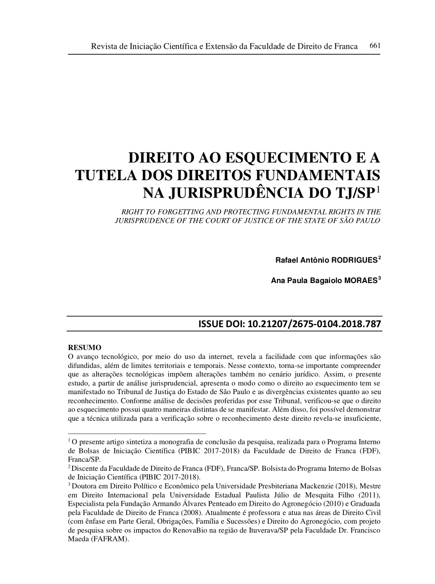 Pdf Direito Ao Esquecimento E A Tutela Dos Direitos Fundamentais Na JurisprudÊncia Do Tjsp 1859