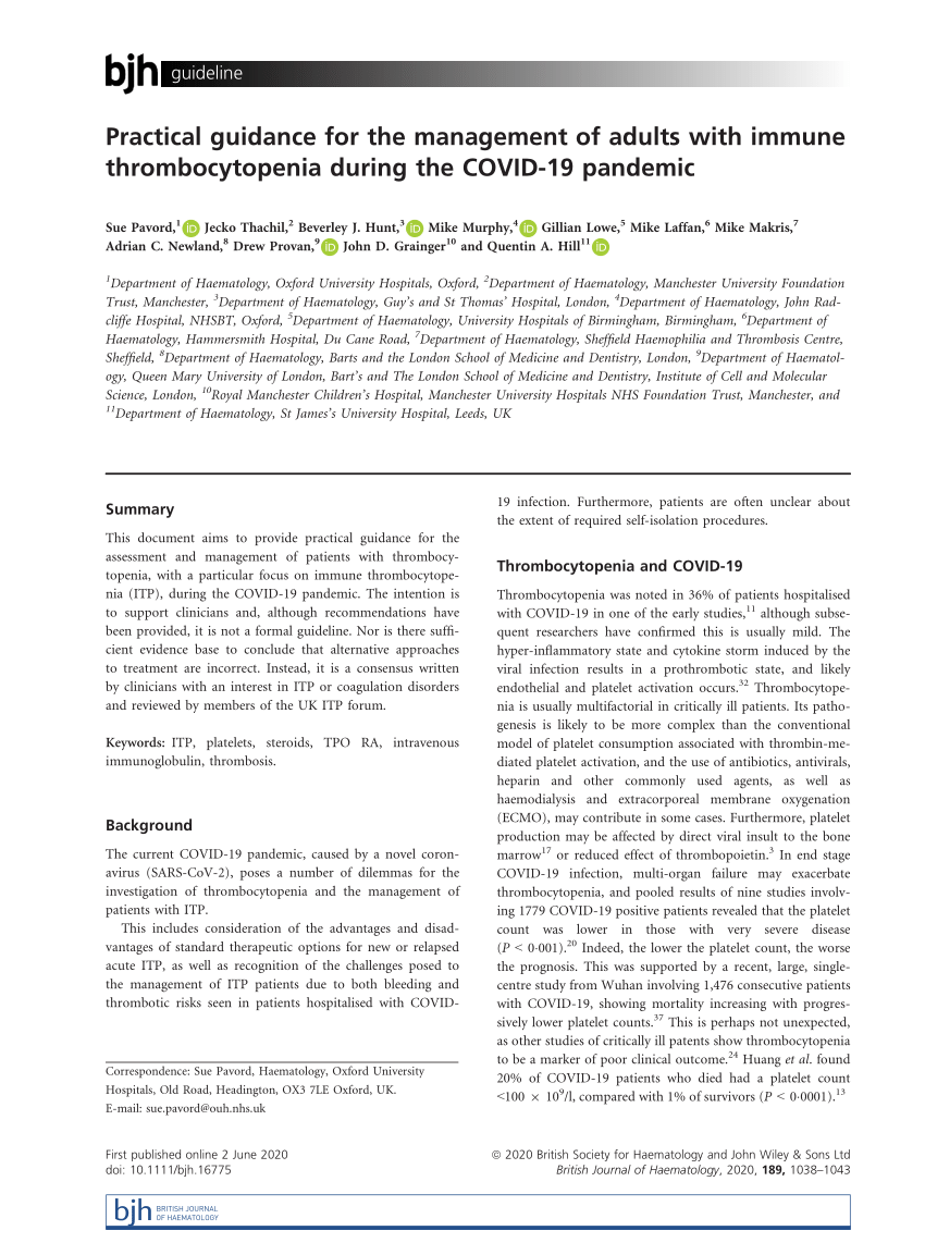 Pdf Practical Guidance For The Management Of Adults With Immune Thrombocytopenia During The Covid 19 Pandemic