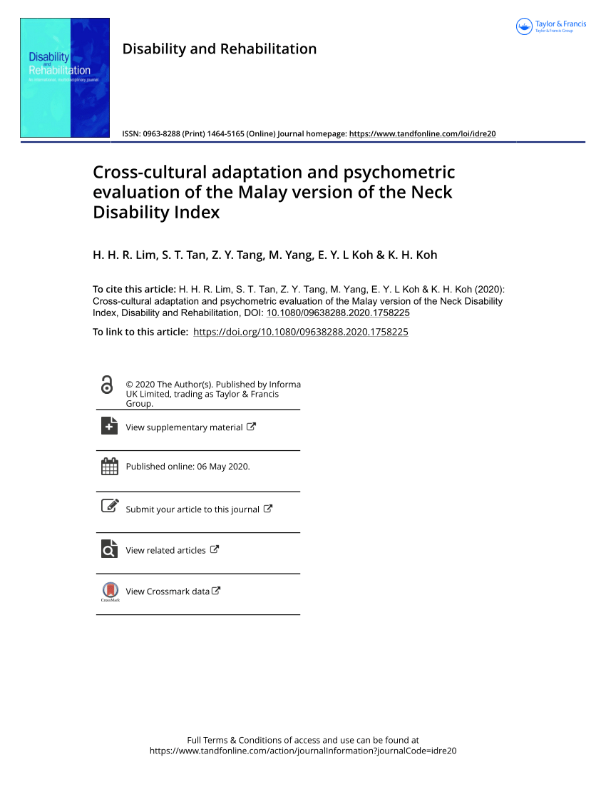 Pdf Cross Cultural Adaptation And Psychometric Evaluation Of The Malay Version Of The Neck Disability Index