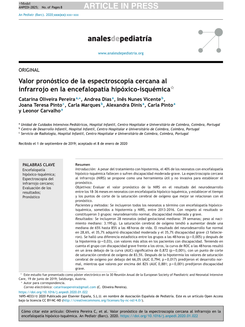 Pdf Valor Pronóstico De La Espectroscopia Cercana Al Infrarrojo En La Encefalopatía Hipóxico 8181