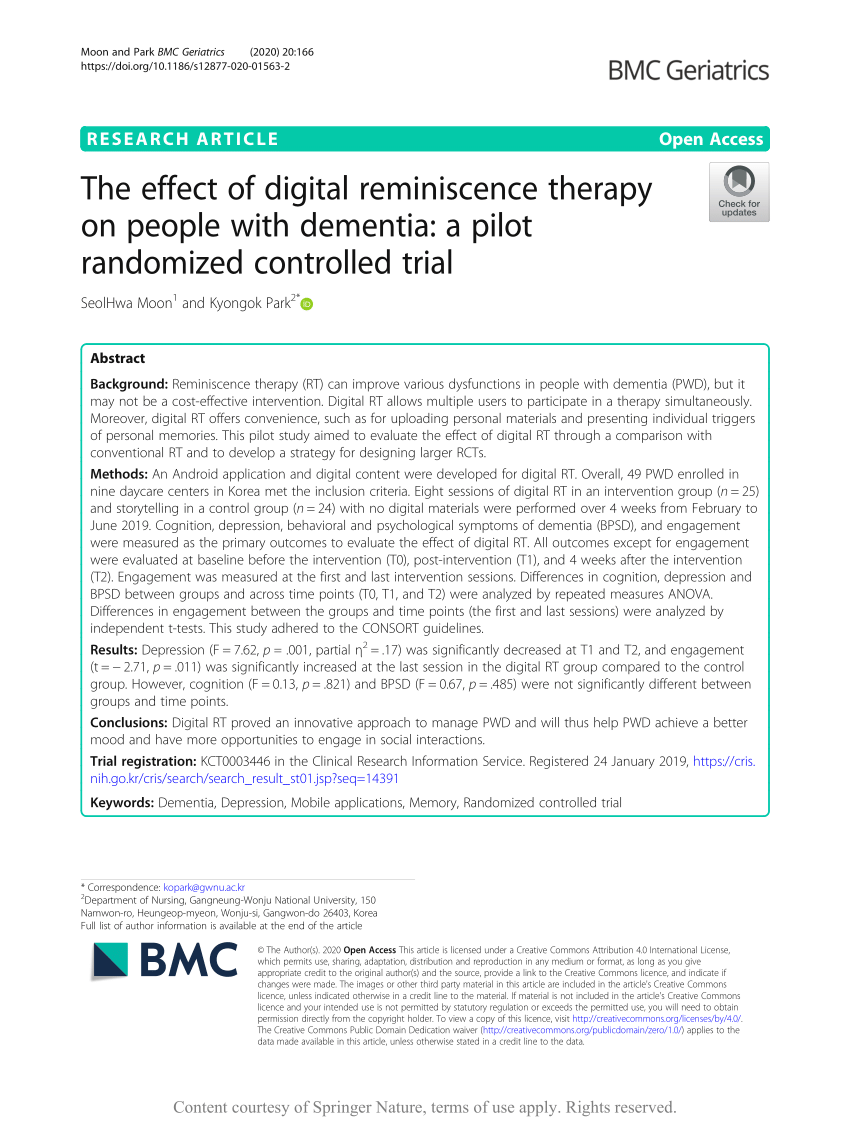 Pdf The Effect Of Digital Reminiscence Therapy On People With Dementia A Pilot Randomized Controlled Trial