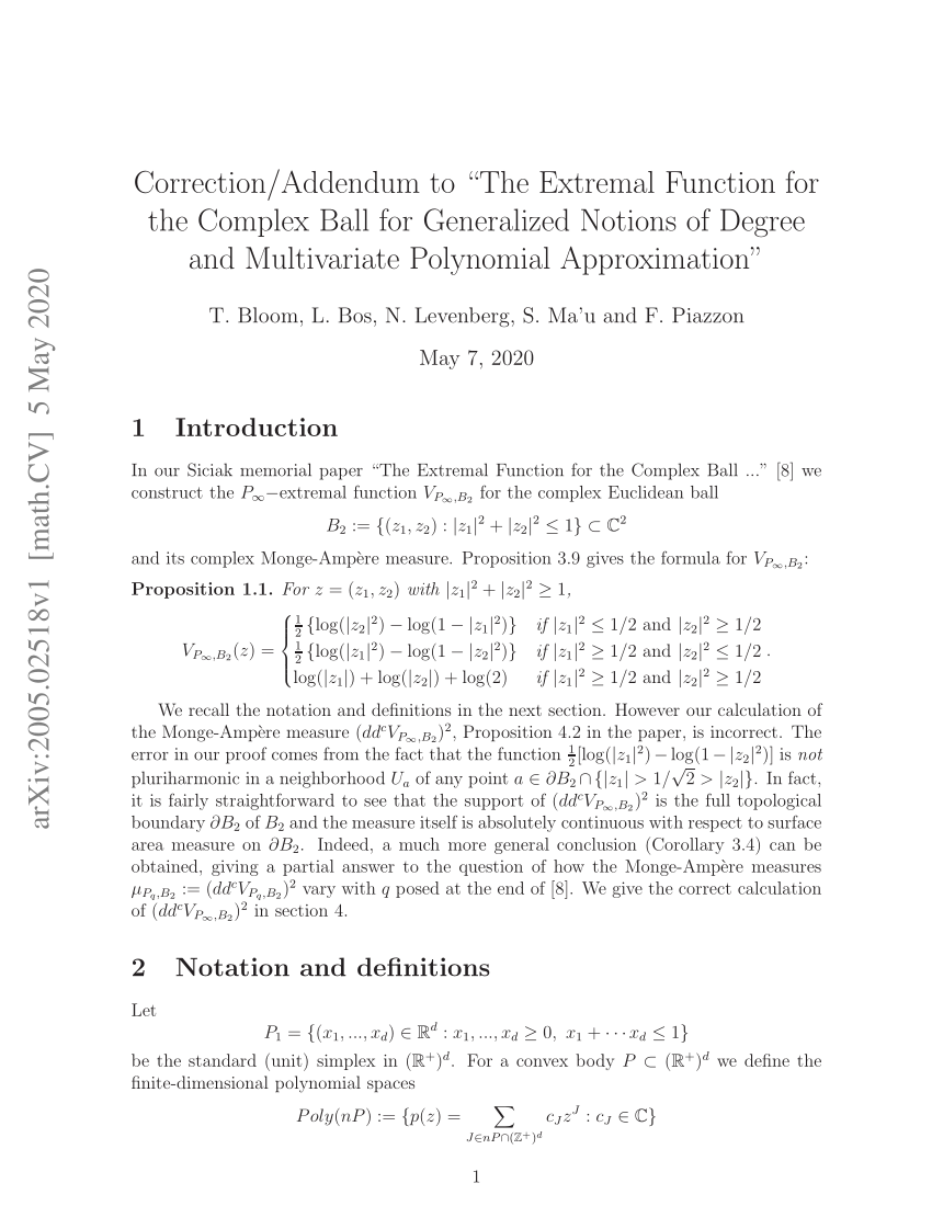 Pdf Correction Addendum To The Extremal Function For The Complex Ball For Generalized Notions Of Degree And Multivariate Polynomial Approximation