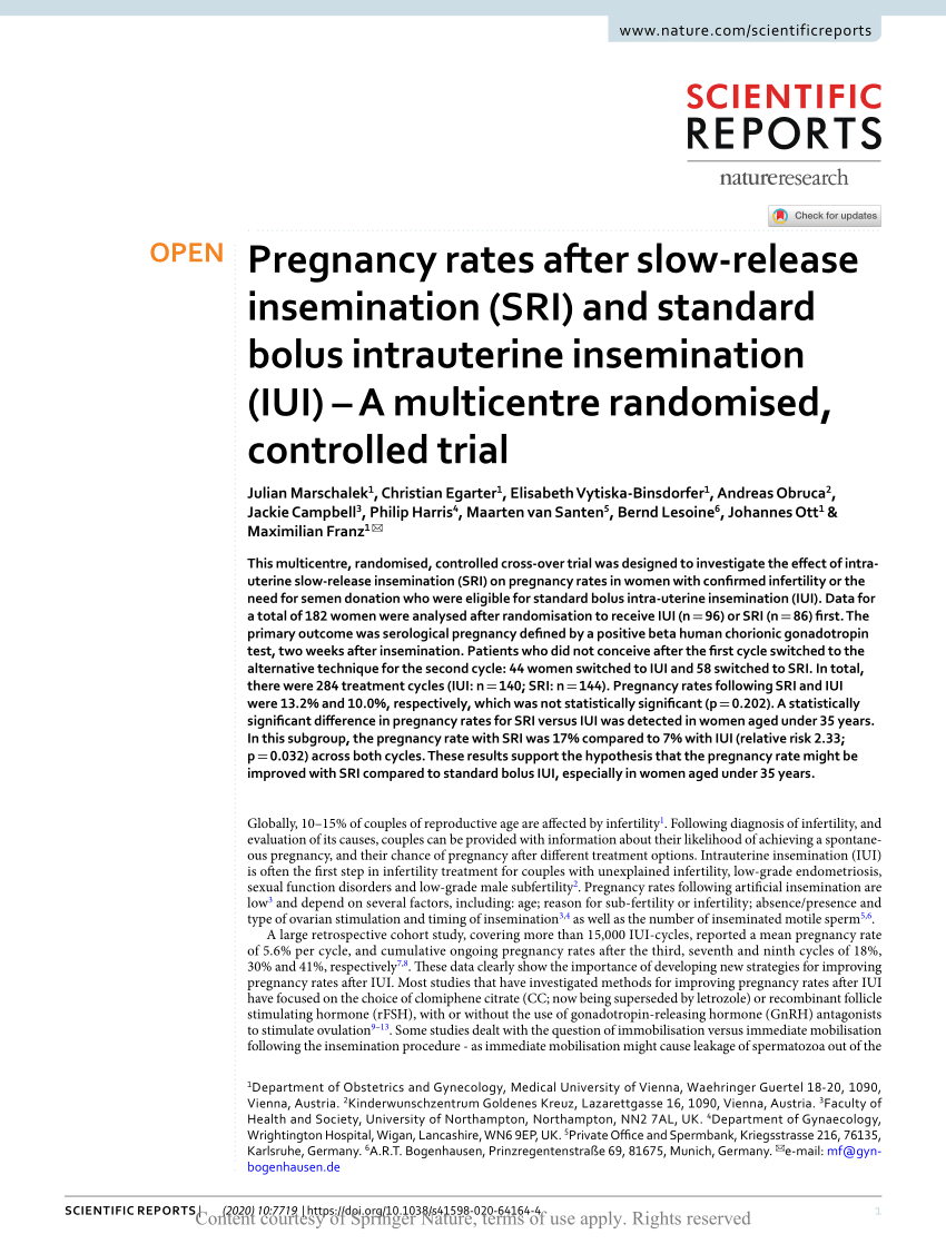 Pdf Pregnancy Rates After Slow Release Insemination Sri And Standard Bolus Intrauterine Insemination Iui A Multicentre Randomised Controlled Trial