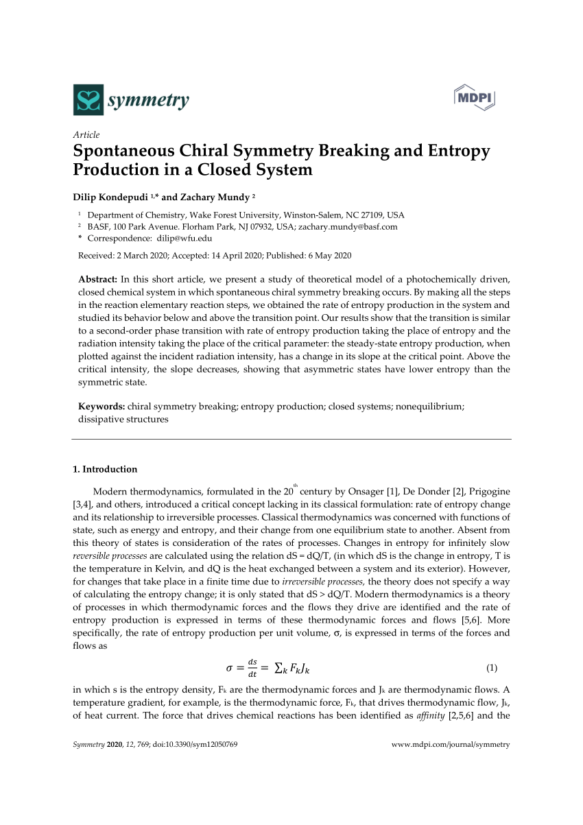 Pdf Spontaneous Chiral Symmetry Breaking And Entropy Production In A Closed System