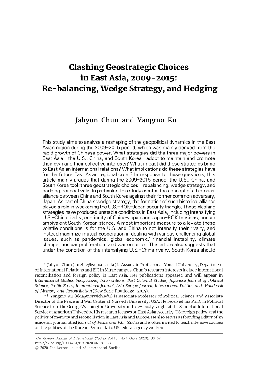 Pdf Clashing Geostrategic Choices In East Asia 09 15 Re Balancing Wedge Strategy And Hedging