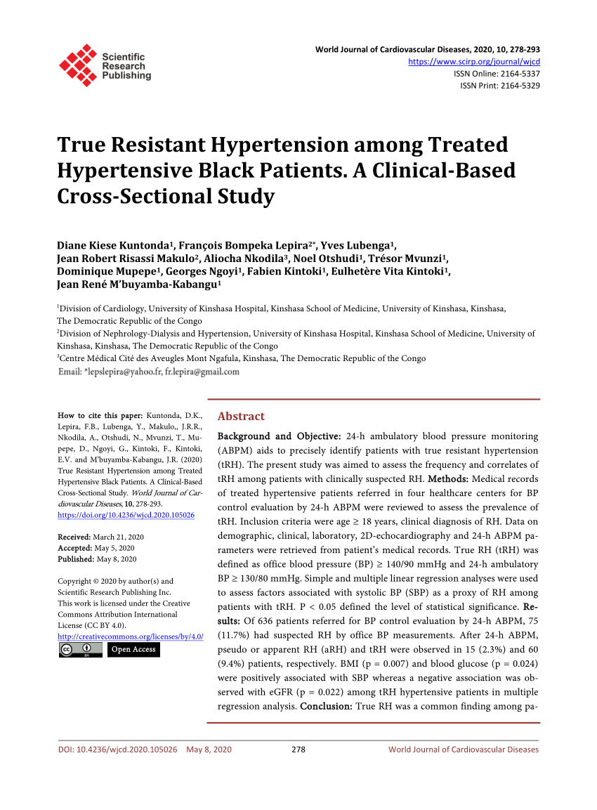 Pdf True Resistant Hypertension Among Treated Hypertensive Black Patients A Clinical Based Cross Sectional Study