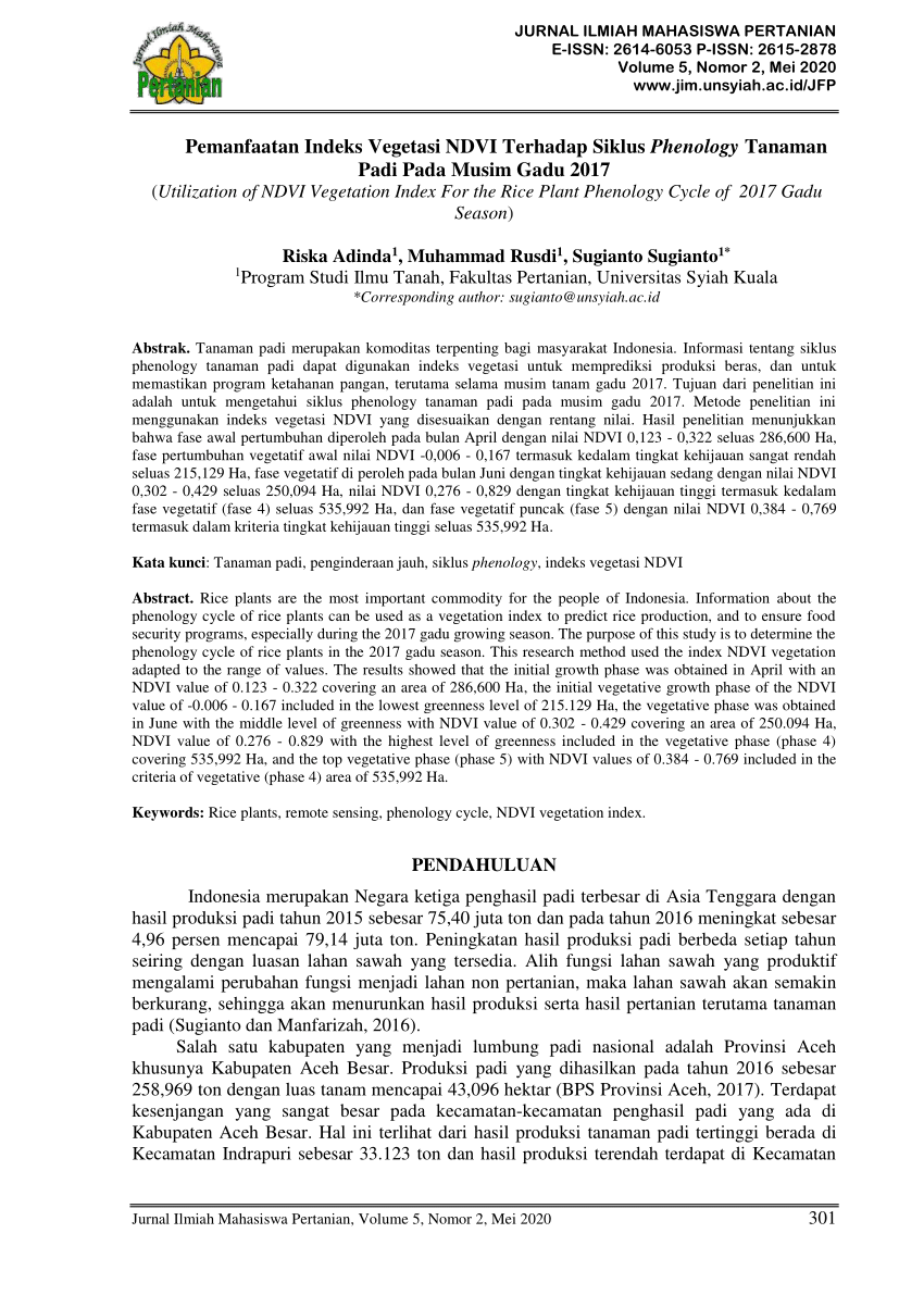 Pdf Pemanfaatan Indeks Vegetasi Ndvi Terhadap Siklus Phenology Tanaman Padi Pada Musim Gadu 2017 Utilization Of Ndvi Vegetation Index For The Rice Plant Phenology Cycle Of 2017 Gadu Season