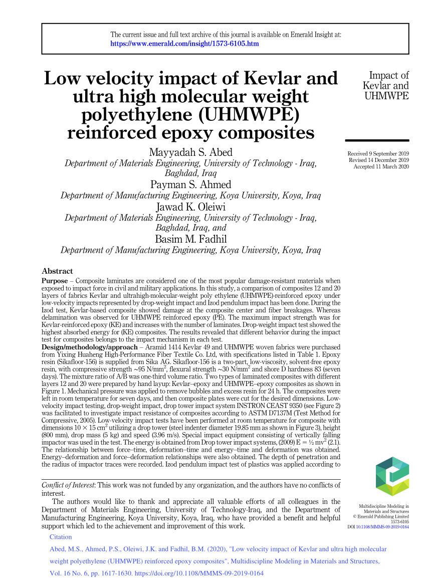 PDF) Low velocity impact of Kevlar and ultra high molecular weight
