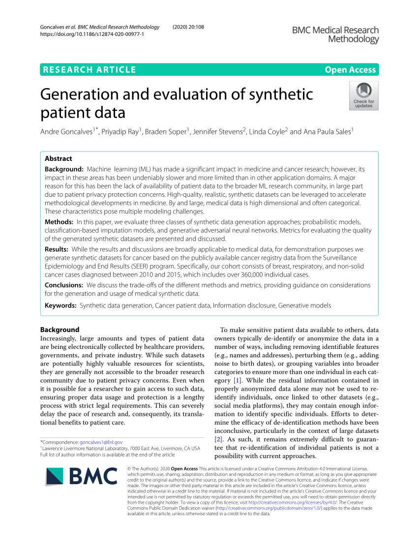 PDF) Generation and evaluation of synthetic patient data