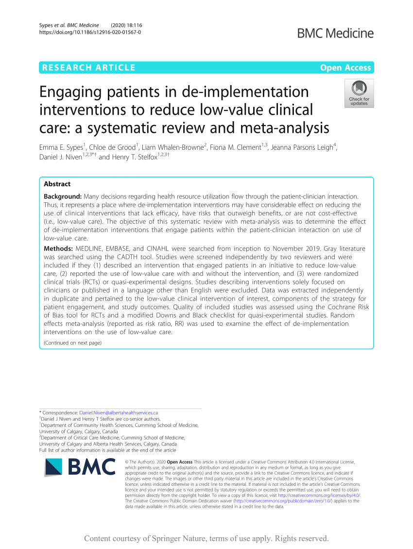 PDF) Engaging patients in de-implementation interventions to low-value clinical care: A review and meta-analysis