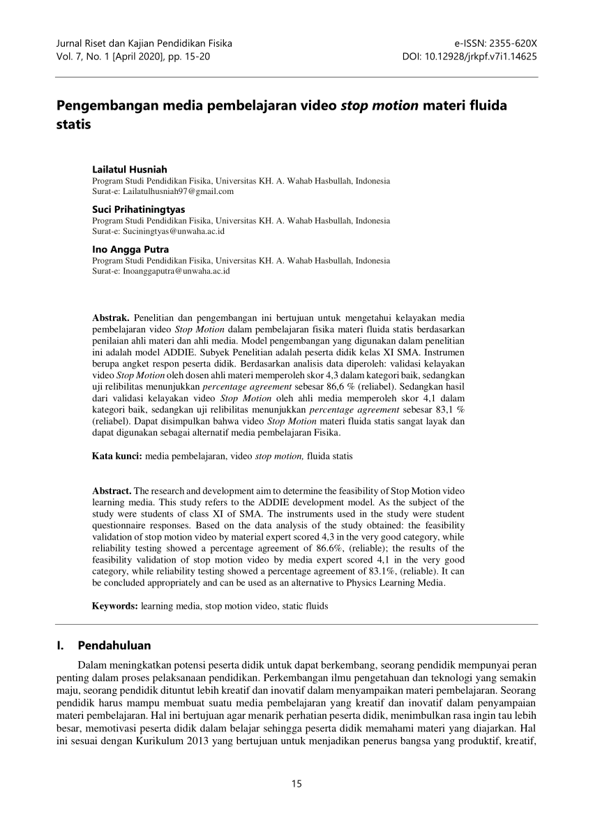 Pdf Pengembangan Media Pembelajaran Video Stop Motion Materi Fluida Statis