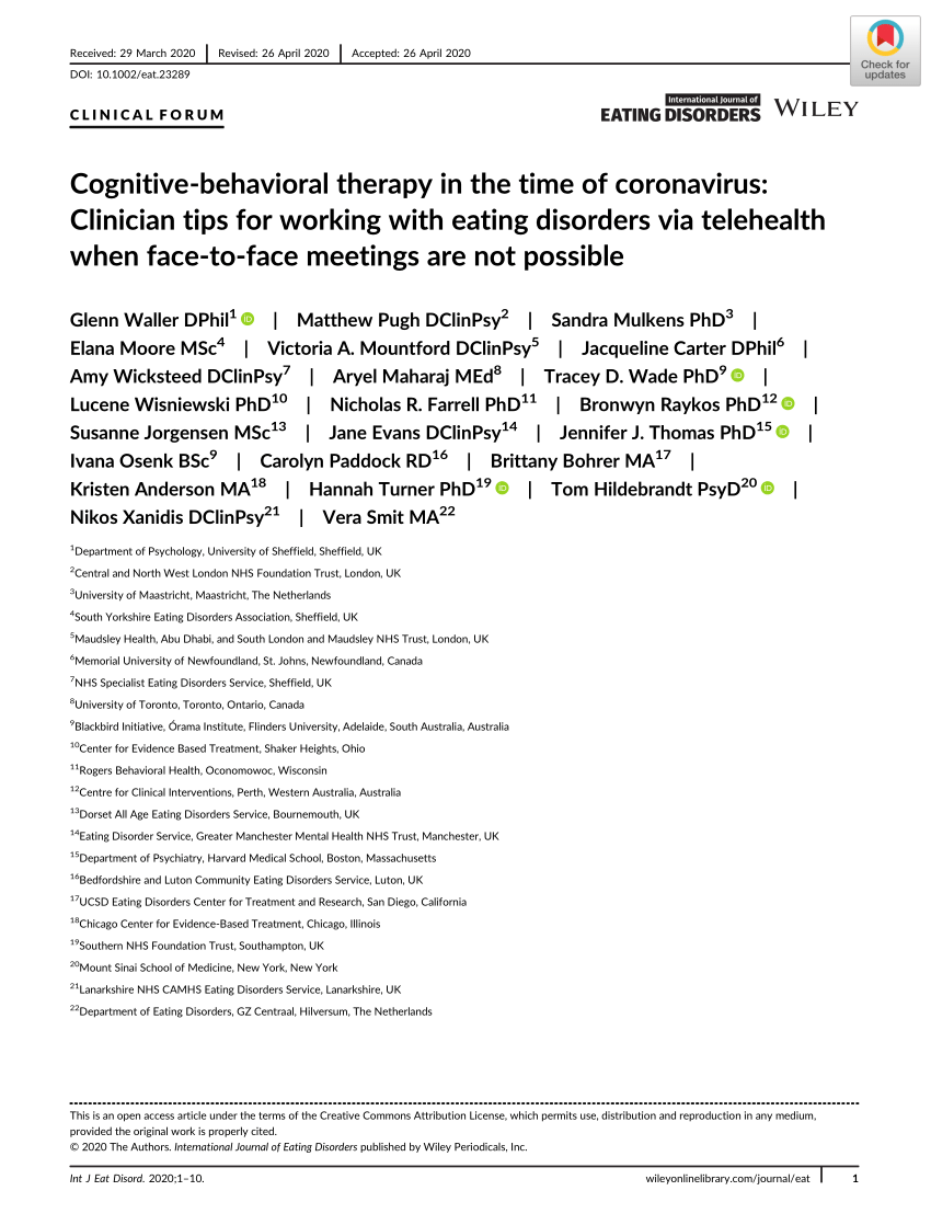 Pdf Cognitive Behavioral Therapy In The Time Of Coronavirus Clinician Tips For Working With Eating Disorders Via Telehealth When Face To Face Meetings Are Not Possible