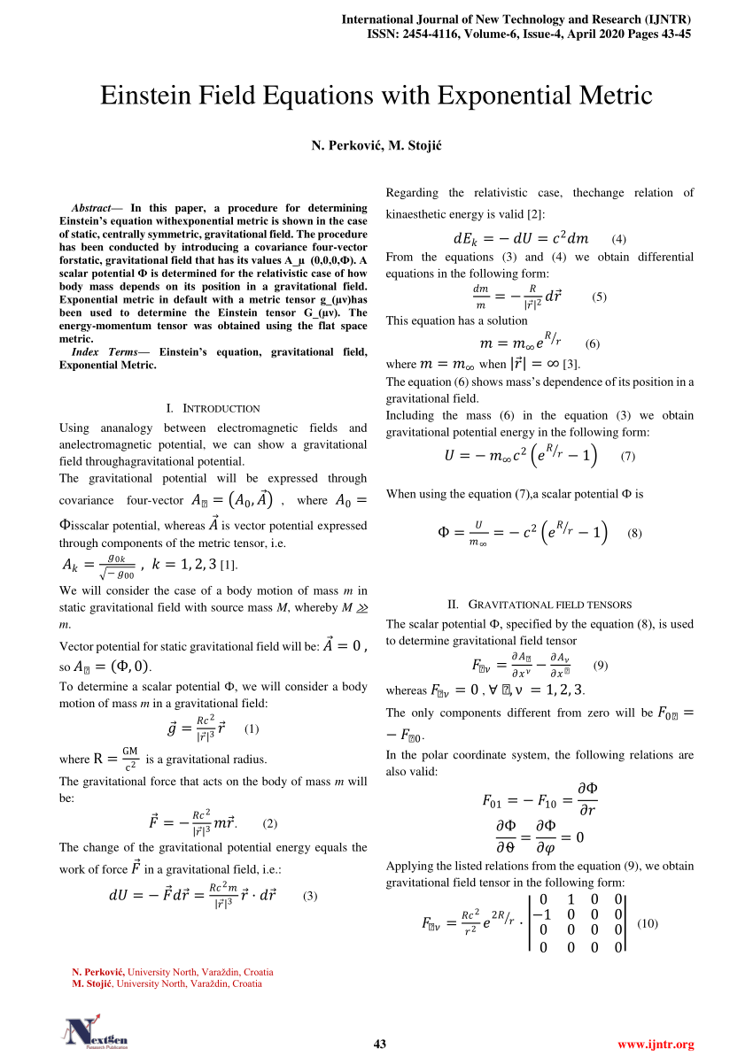 Pdf Einstein Field Equations With Exponential Metric 1275