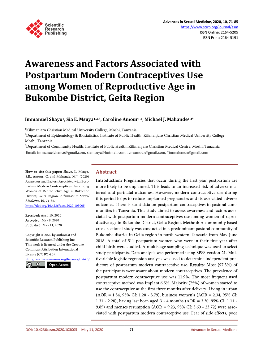 PDF Awareness and Factors Associated with Postpartum Modern