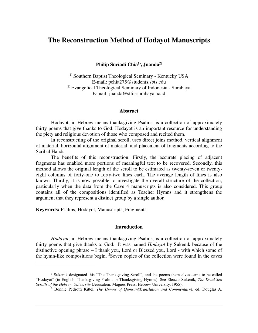 PDF The Reconstruction Method of Hodayot Manuscripts