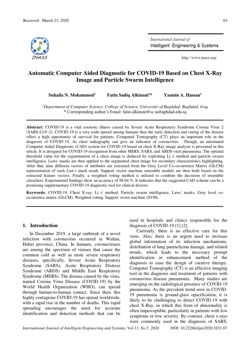 Pdf Automatic Computer Aided Diagnostic For Covid 19 Based On Chest X Ray Image And Particle Swarm Intelligence