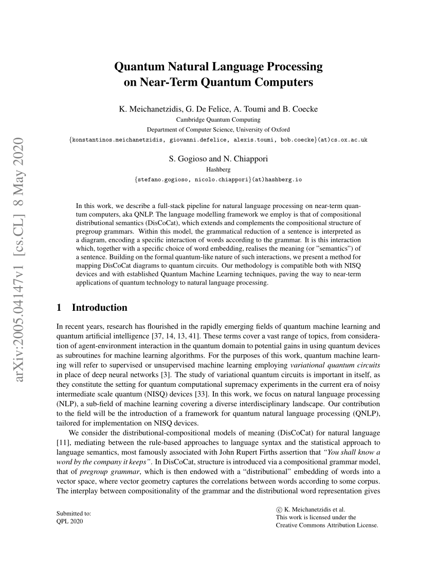 Pdf Quantum Natural Language Processing On Near Term Quantum Computers