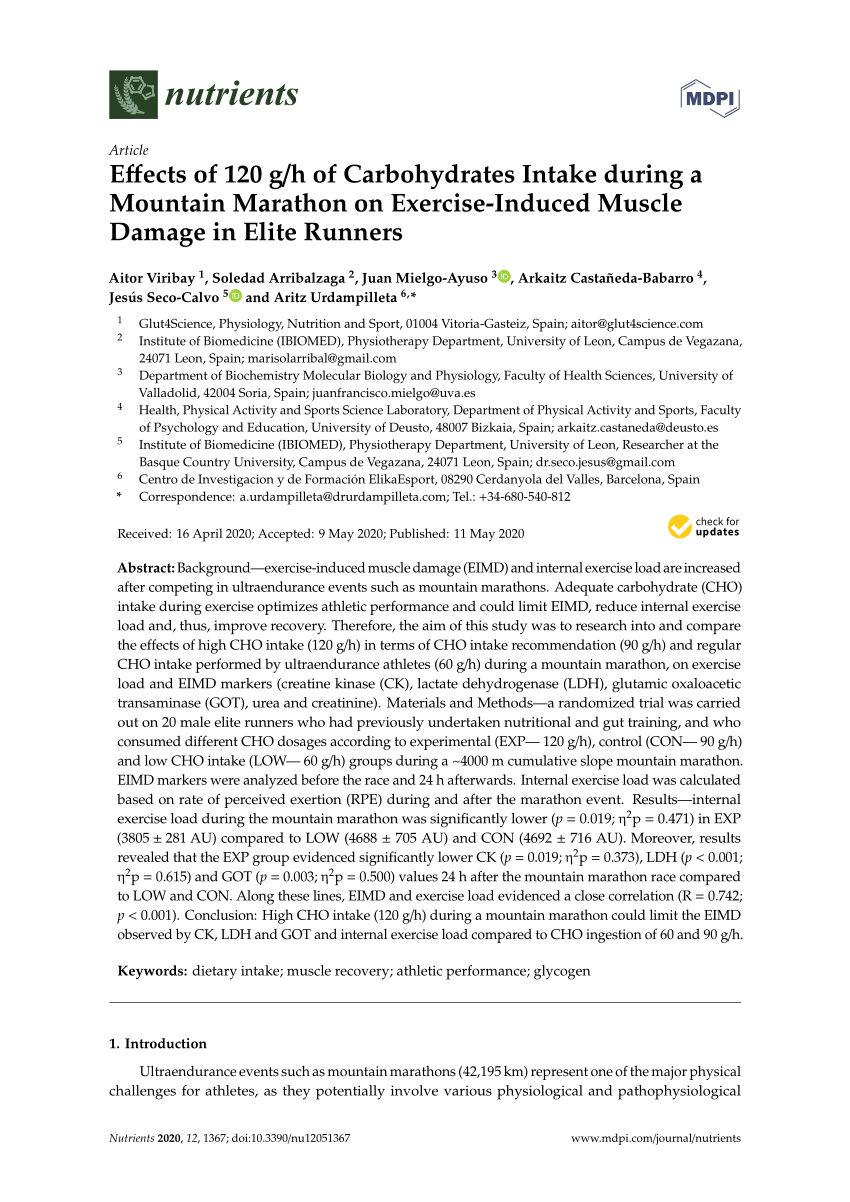 Pdf Effects Of 1 G H Of Carbohydrates Intake During A Mountain Marathon On Exercise Induced Muscle Damage In Elite Runners