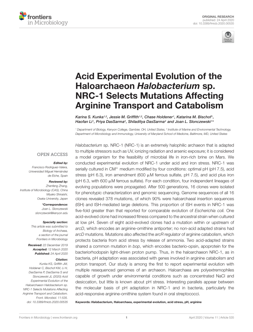 Pdf Acid Experimental Evolution Of The Haloarchaeon Halobacterium