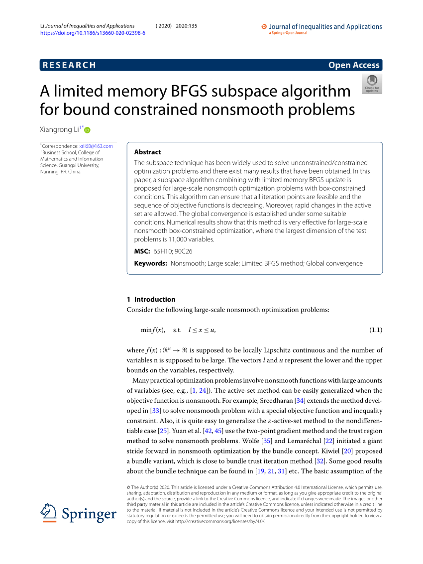 Pdf A Limited Memory Bfgs Subspace Algorithm For Bound Constrained Nonsmooth Problems