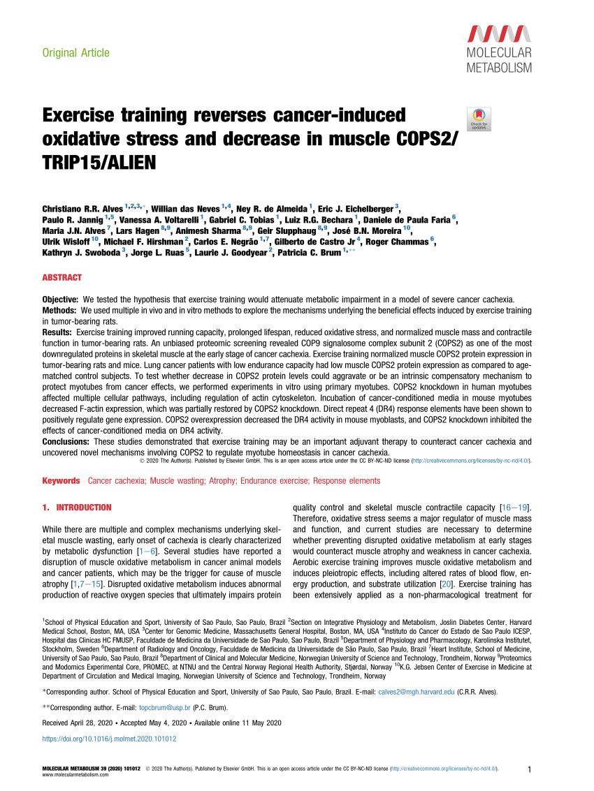 Pdf Exercise Training Reverses Cancer Induced Oxidative Stress And Decrease In Muscle Cops2 Trip15 Alien