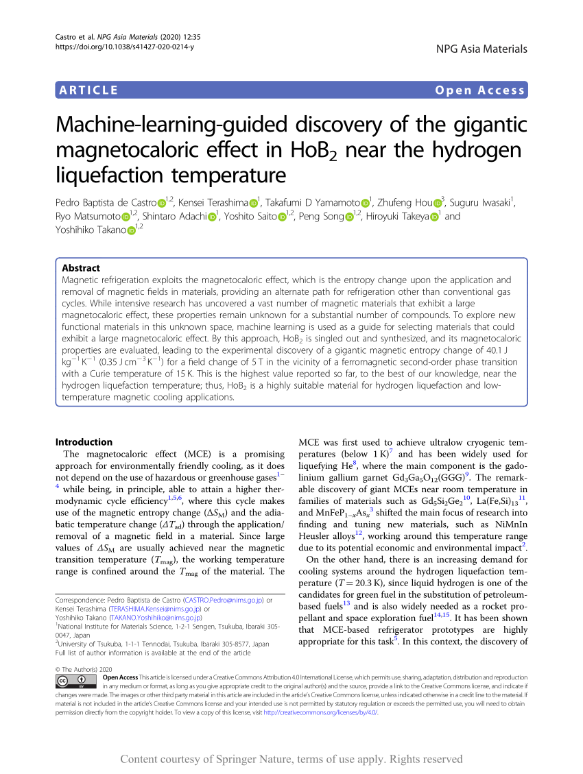 Pdf Machine Learning Guided Discovery Of The Gigantic Magnetocaloric Effect In Hob2 Near The Hydrogen Liquefaction Temperature