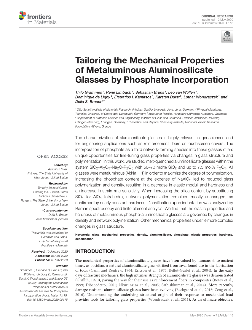 Pdf Tailoring The Mechanical Properties Of Metaluminous Aluminosilicate Glasses By Phosphate Incorporation