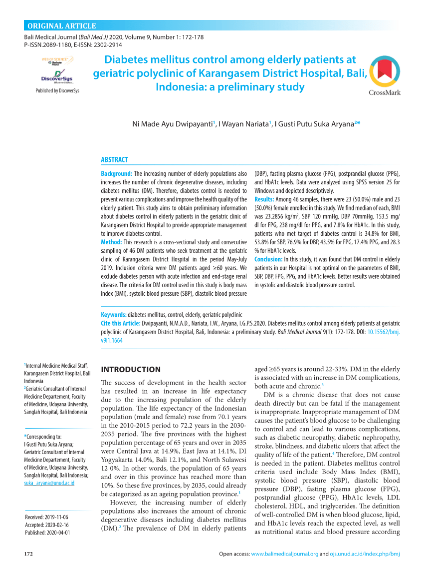 PDF) Diabetes mellitus control among elderly patients at geriatric  polyclinic of Karangasem District Hospital, Bali, Indonesia: a preliminary  study