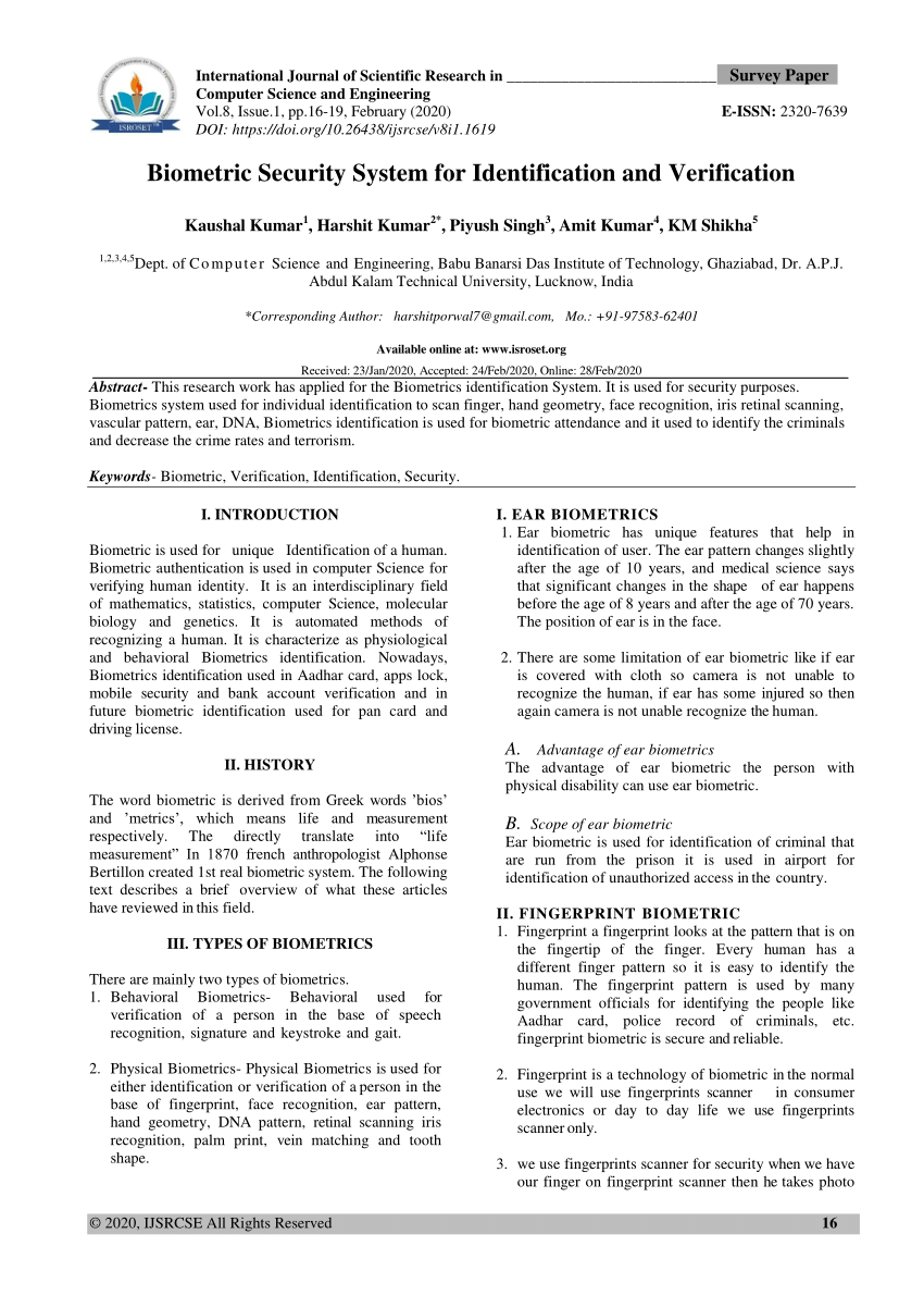 research paper on biometric security system