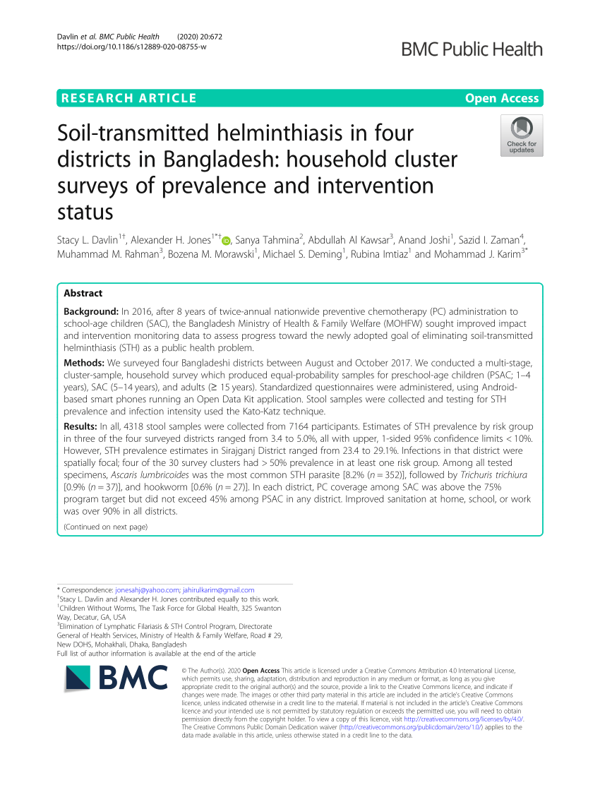 Pdf Soil-transmitted Helminthiasis In Four Districts In Bangladesh Household Cluster Surveys Of Prevalence And Intervention Status