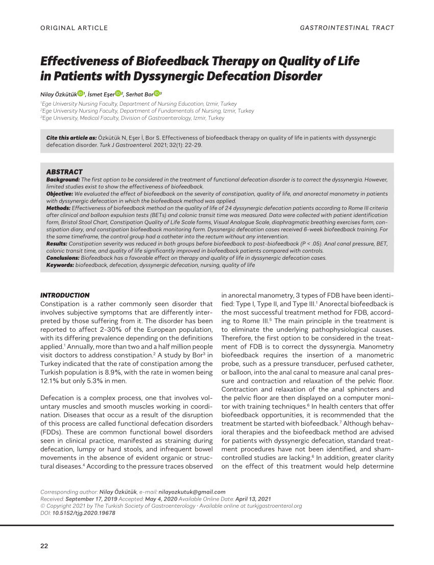 Pdf Effectiveness Of Biofeedback Therapy On Quality Of Life In Patients With Dyssynergic 