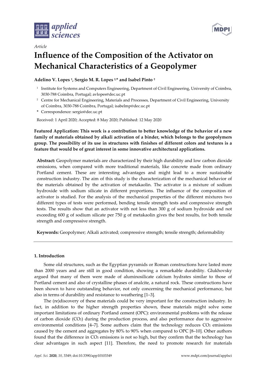 PDF) Influence of the Composition of the Activator on Mechanical  Characteristics of a Geopolymer