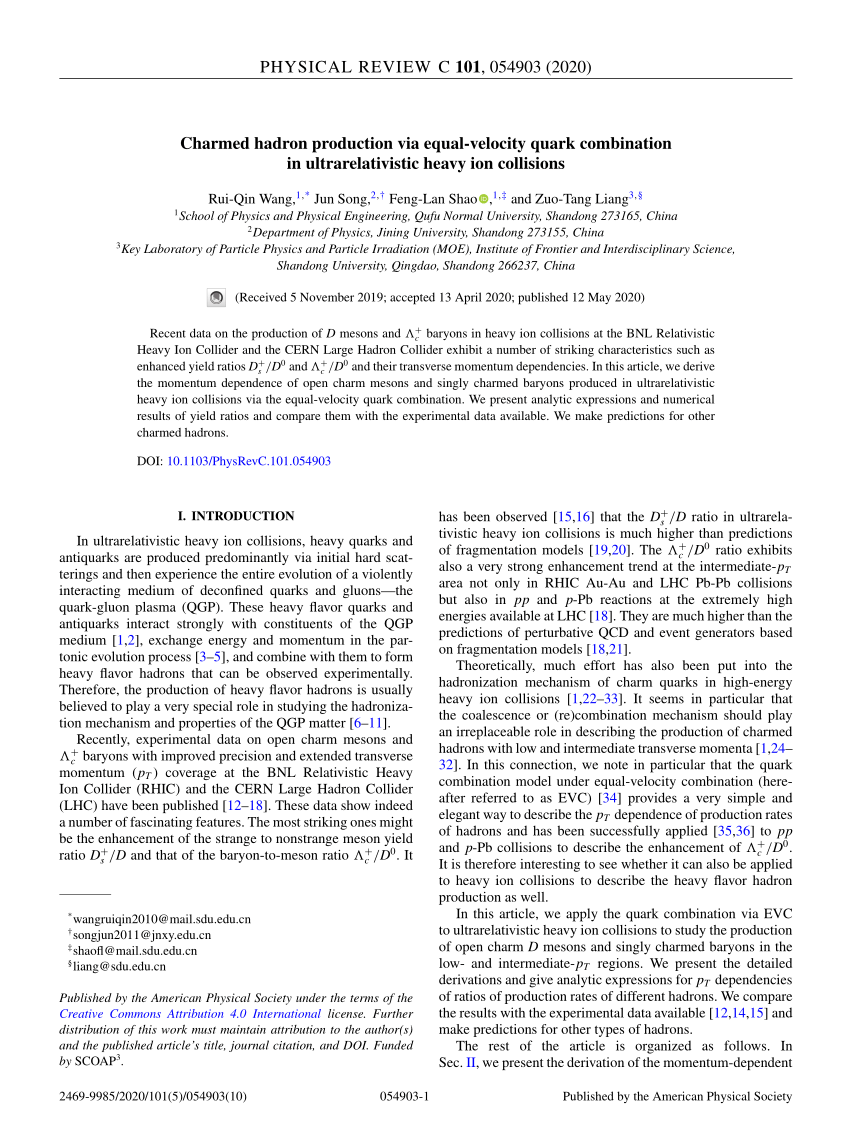 Pdf Charmed Hadron Production Via Equal Velocity Quark Combination In Ultrarelativistic Heavy Ion Collisions