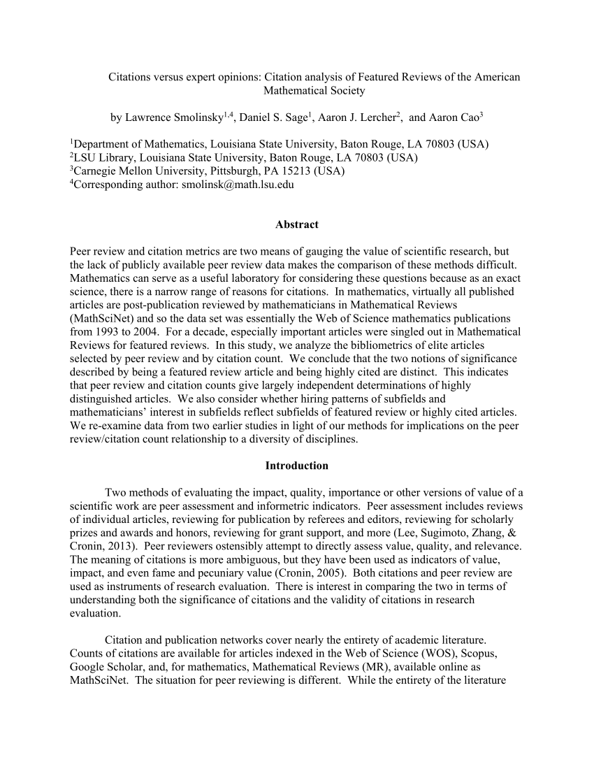 Pdf Citations Versus Expert Opinions Citation Analysis Of Featured Reviews Of The American Mathematical Society