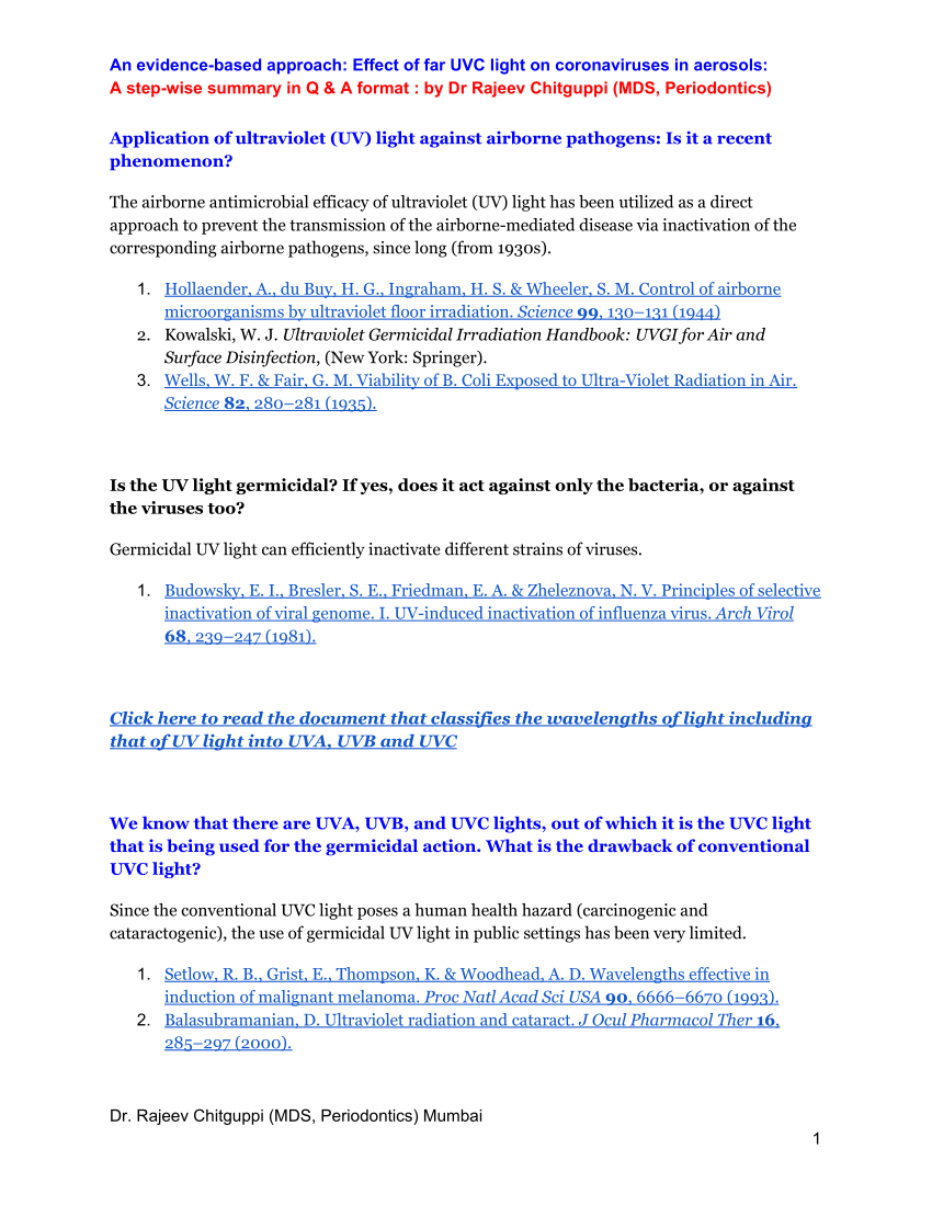 Pdf An Evidence Based Approach Effect Of Far Uvc Light On Coronaviruses In Aerosols A Step Wise Summary In Q A Format